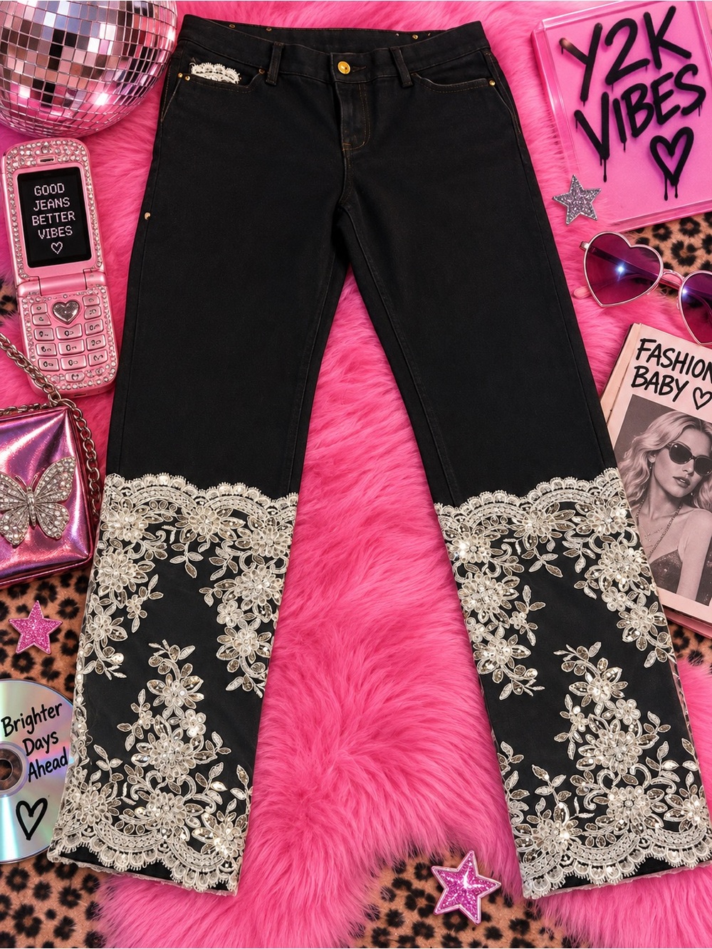 Y2K Peruzzi Black Jeans with Gorgeous Lace & Sequin Embellishment